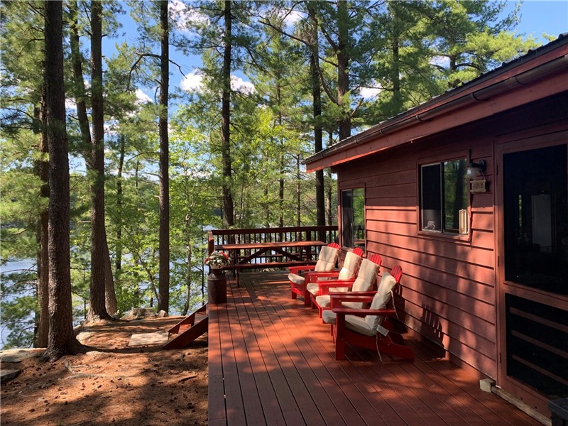 Cottage with panoramic lake views and tall pines, includes access to canoes, kayaks, and paddle boat